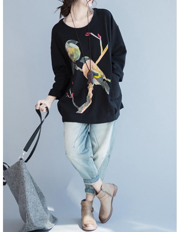 Plus Size Cartoon Bird Print O-Neck Long Sleeve Loose Sweatshirt