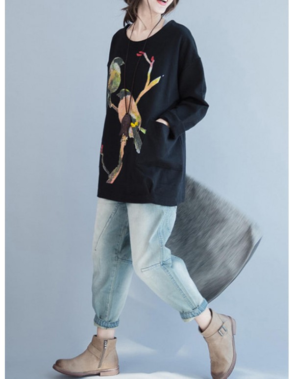 Plus Size Cartoon Bird Print O-Neck Long Sleeve Loose Sweatshirt