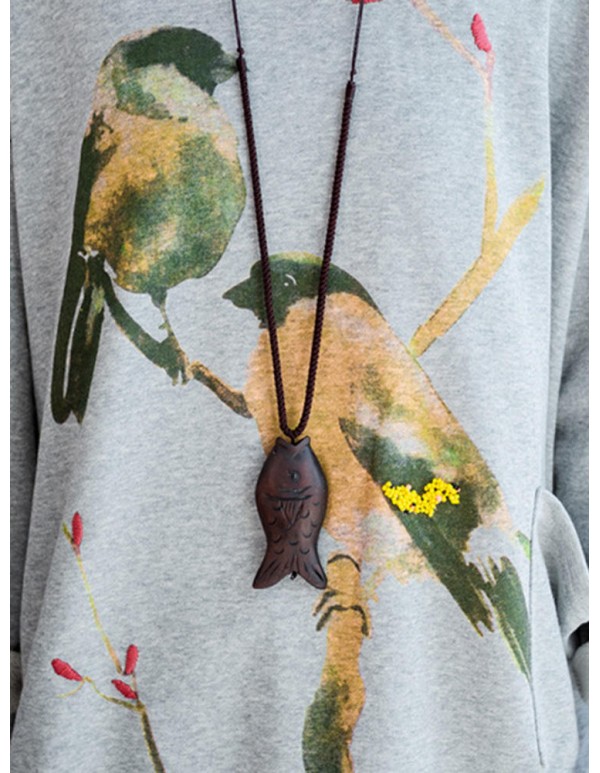 Plus Size Cartoon Bird Print O-Neck Long Sleeve Loose Sweatshirt