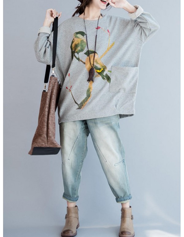 Plus Size Cartoon Bird Print O-Neck Long Sleeve Loose Sweatshirt