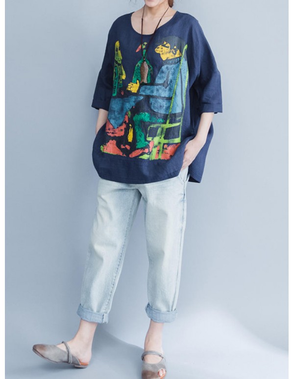 Plus Size Cartoon Print O-Neck Half Sleeve High Low Loose Blouse