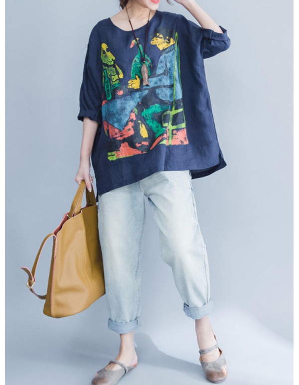 Plus Size Cartoon Print O-Neck Half Sleeve High Low Loose Blouse