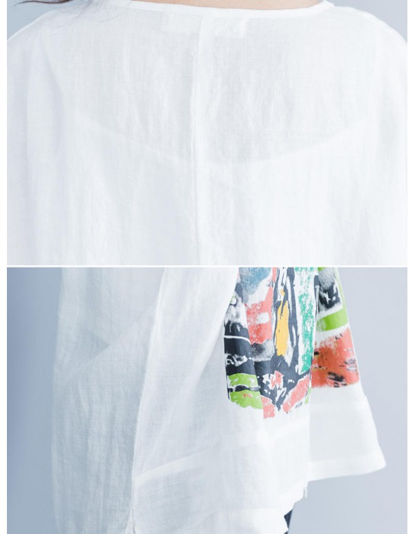 Plus Size Cartoon Print O-Neck Half Sleeve High Low Loose Blouse