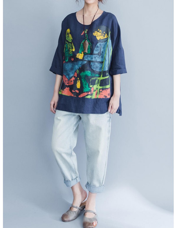 Plus Size Cartoon Print O-Neck Half Sleeve High Low Loose Blouse