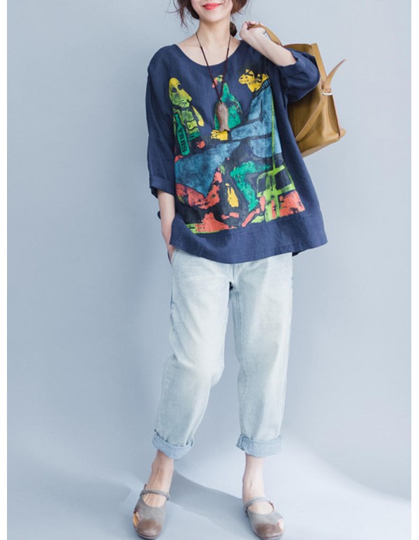 Plus Size Cartoon Print O-Neck Half Sleeve High Low Loose Blouse