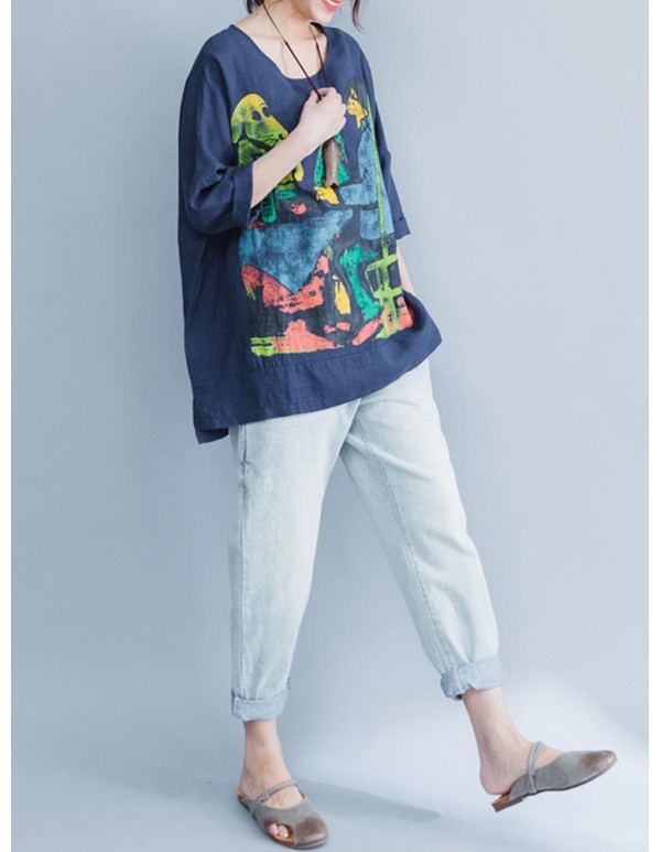 Plus Size Cartoon Print O-Neck Half Sleeve High Low Loose Blouse