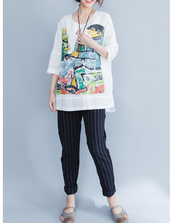 Plus Size Cartoon Print O-Neck Half Sleeve High Low Loose Blouse