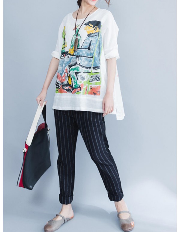 Plus Size Cartoon Print O-Neck Half Sleeve High Low Loose Blouse