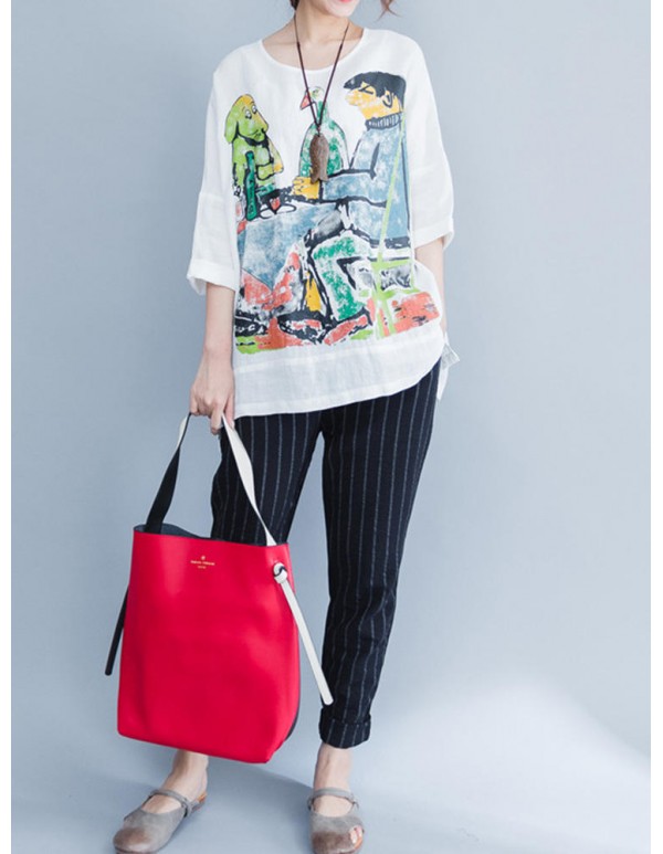 Plus Size Cartoon Print O-Neck Half Sleeve High Low Loose Blouse