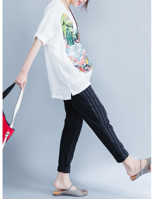 Plus Size Cartoon Print O-Neck Half Sleeve High Low Loose Blouse