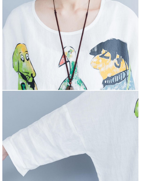 Plus Size Cartoon Print O-Neck Half Sleeve High Low Loose Blouse