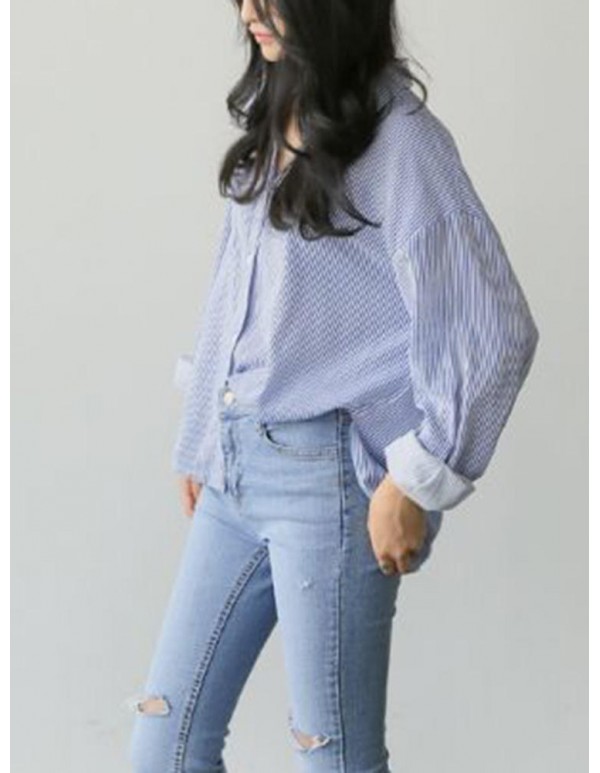 Women Casual Lapel Long Sleeves Split Hem Striped Cotton Shirts