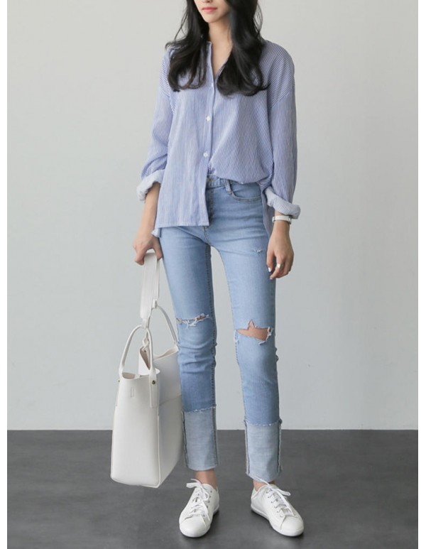 Women Casual Lapel Long Sleeves Split Hem Striped Cotton Shirts