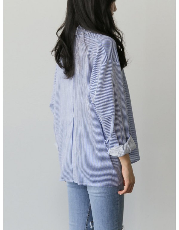 Women Casual Lapel Long Sleeves Split Hem Striped Cotton Shirts