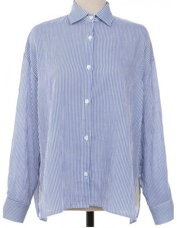 Women Casual Lapel Long Sleeves Split Hem Striped Cotton Shirts