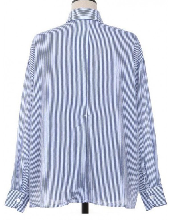 Women Casual Lapel Long Sleeves Split Hem Striped Cotton Shirts