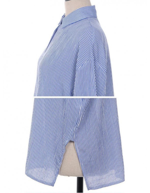 Women Casual Lapel Long Sleeves Split Hem Striped Cotton Shirts
