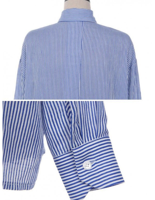 Women Casual Lapel Long Sleeves Split Hem Striped Cotton Shirts