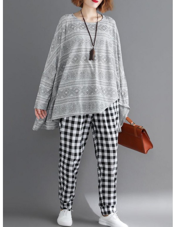 Plus Size Floral Print Pleated O-Neck Long Batwing Sleeve Blouse