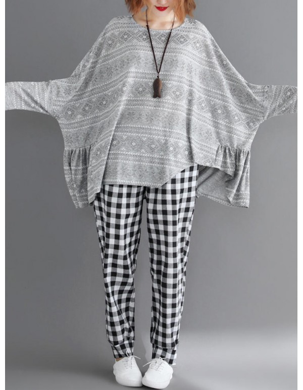 Plus Size Floral Print Pleated O-Neck Long Batwing Sleeve Blouse