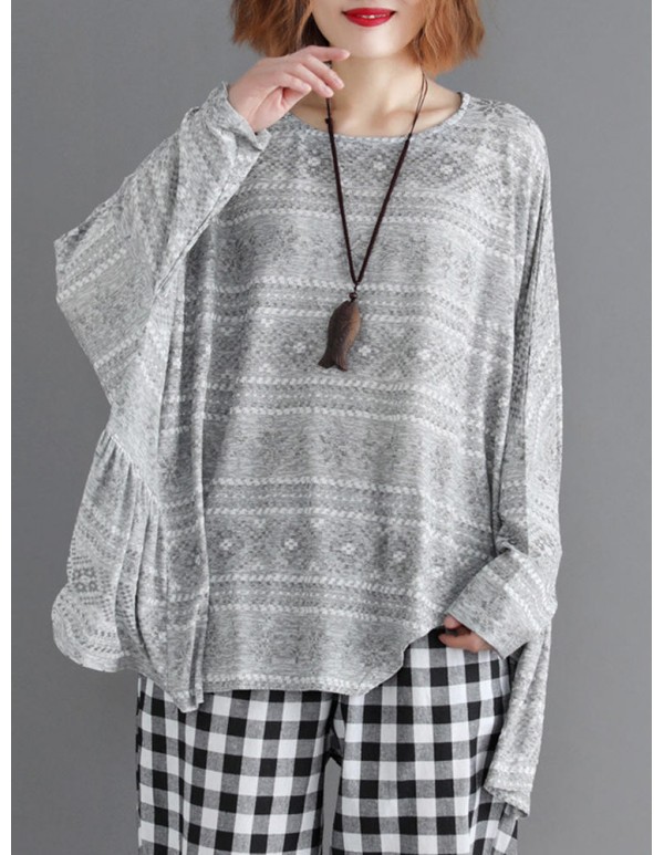 Plus Size Floral Print Pleated O-Neck Long Batwing Sleeve Blouse