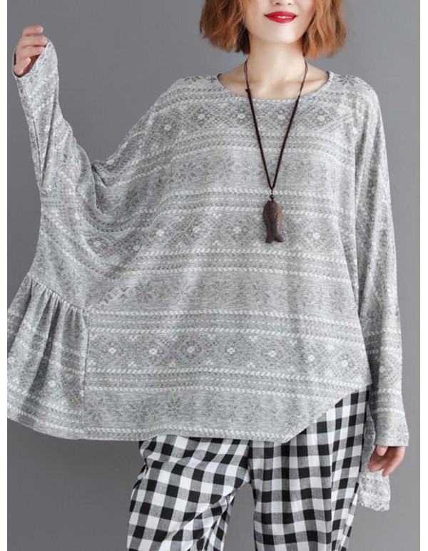 Plus Size Floral Print Pleated O-Neck Long Batwing Sleeve Blouse