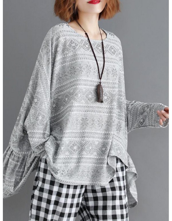 Plus Size Floral Print Pleated O-Neck Long Batwing Sleeve Blouse