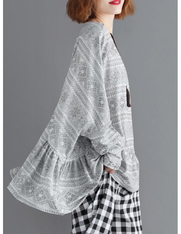 Plus Size Floral Print Pleated O-Neck Long Batwing Sleeve Blouse
