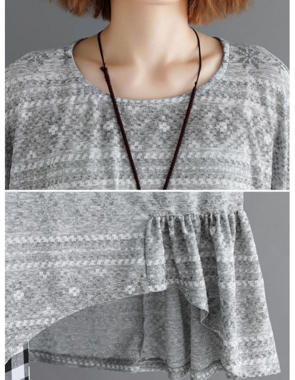 Plus Size Floral Print Pleated O-Neck Long Batwing Sleeve Blouse