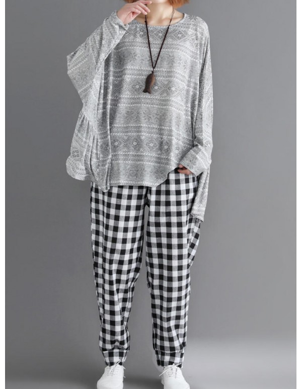 Plus Size Floral Print Pleated O-Neck Long Batwing Sleeve Blouse