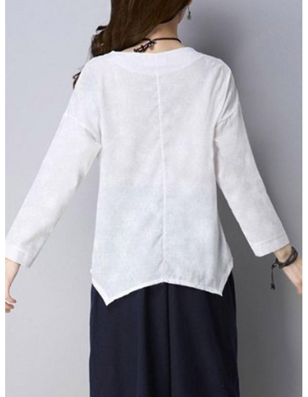 Vintage Embroidery Long Sleeve Irregular Hem Cotton Linen Blouse