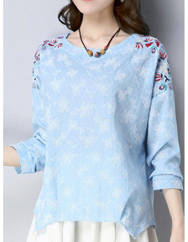 Vintage Embroidery Long Sleeve Irregular Hem Cotton Linen Blouse