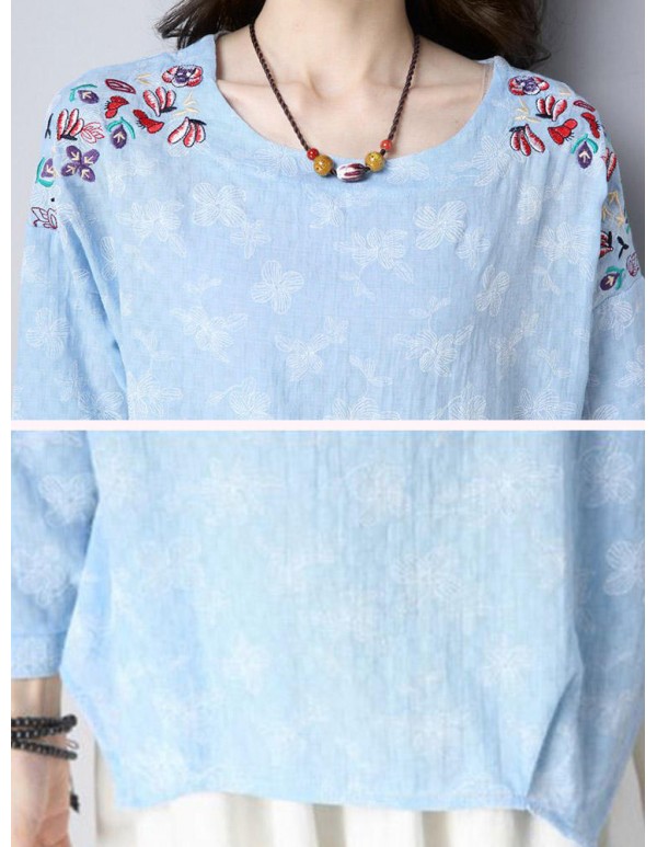 Vintage Embroidery Long Sleeve Irregular Hem Cotton Linen Blouse
