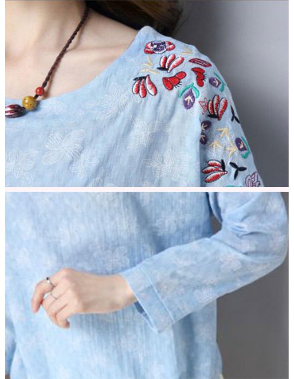 Vintage Embroidery Long Sleeve Irregular Hem Cotton Linen Blouse