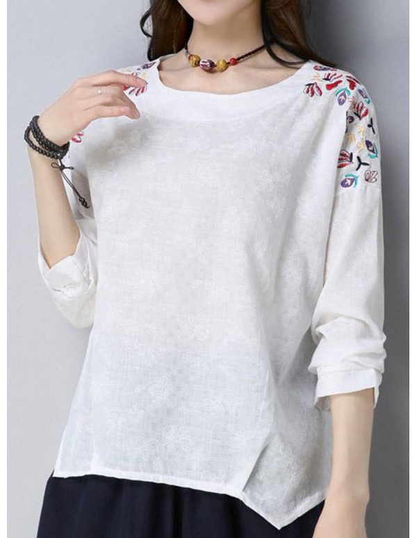 Vintage Embroidery Long Sleeve Irregular Hem Cotton Linen Blouse