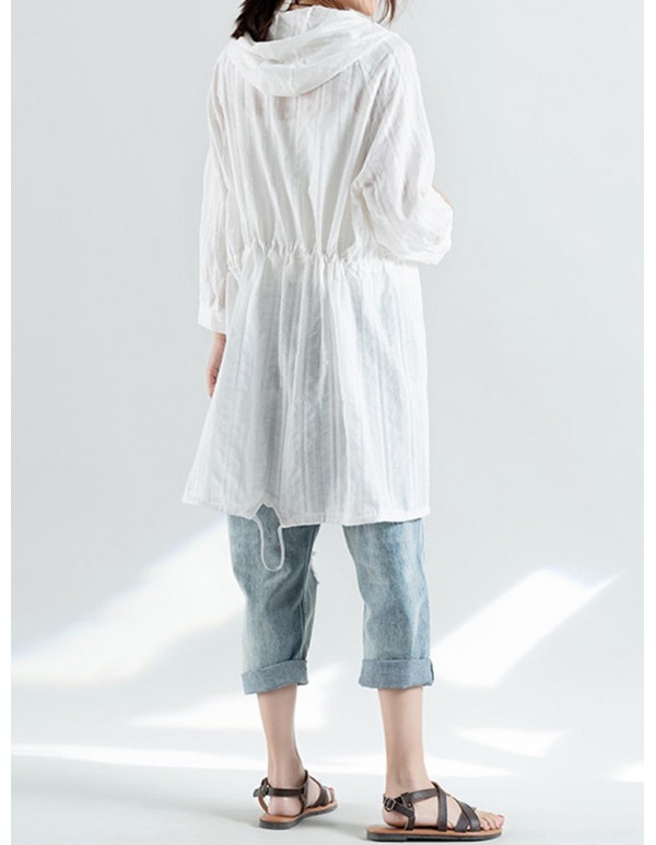 Women Cotton Adjustable Waist Semi-sheer Shirts With Hat