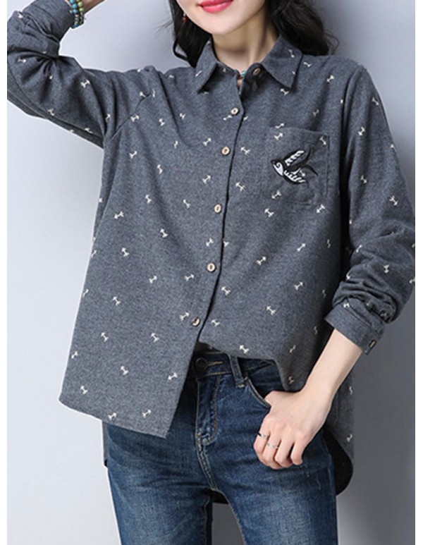 Plus Size Cartoon Print Turn-down Collar Long Sleeve Blouse