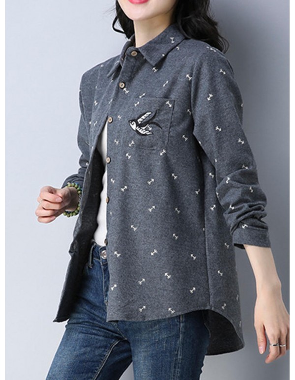 Plus Size Cartoon Print Turn-down Collar Long Sleeve Blouse