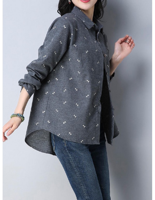 Plus Size Cartoon Print Turn-down Collar Long Sleeve Blouse
