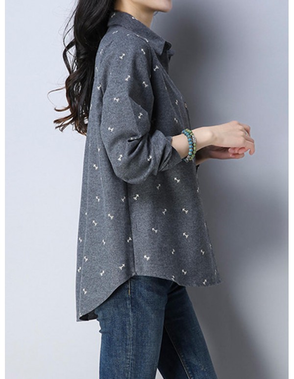 Plus Size Cartoon Print Turn-down Collar Long Sleeve Blouse