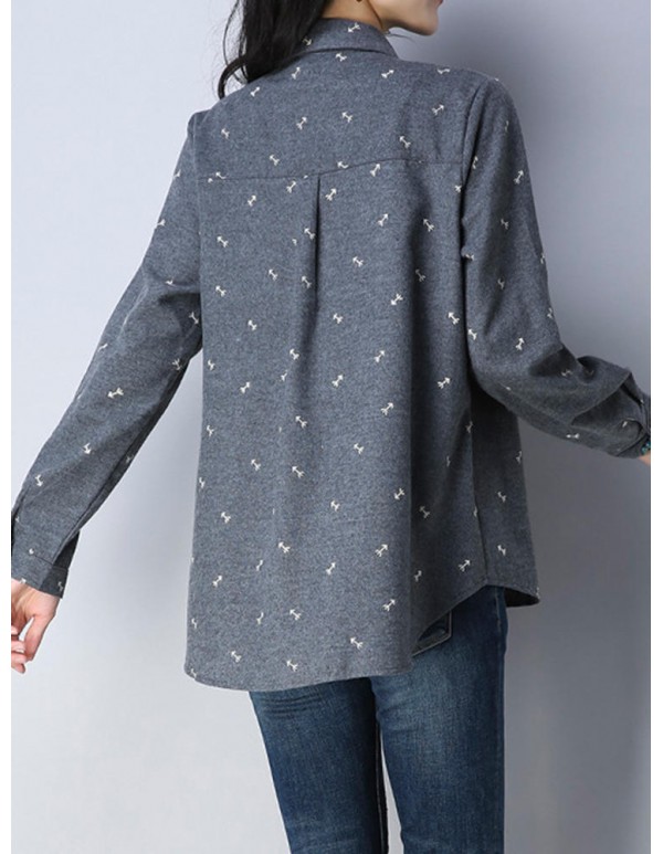 Plus Size Cartoon Print Turn-down Collar Long Sleeve Blouse