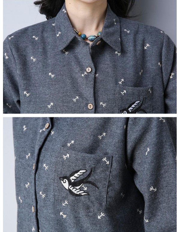 Plus Size Cartoon Print Turn-down Collar Long Sleeve Blouse