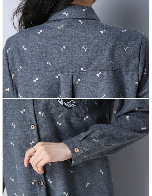 Plus Size Cartoon Print Turn-down Collar Long Sleeve Blouse