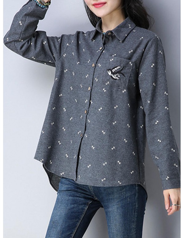 Plus Size Cartoon Print Turn-down Collar Long Sleeve Blouse