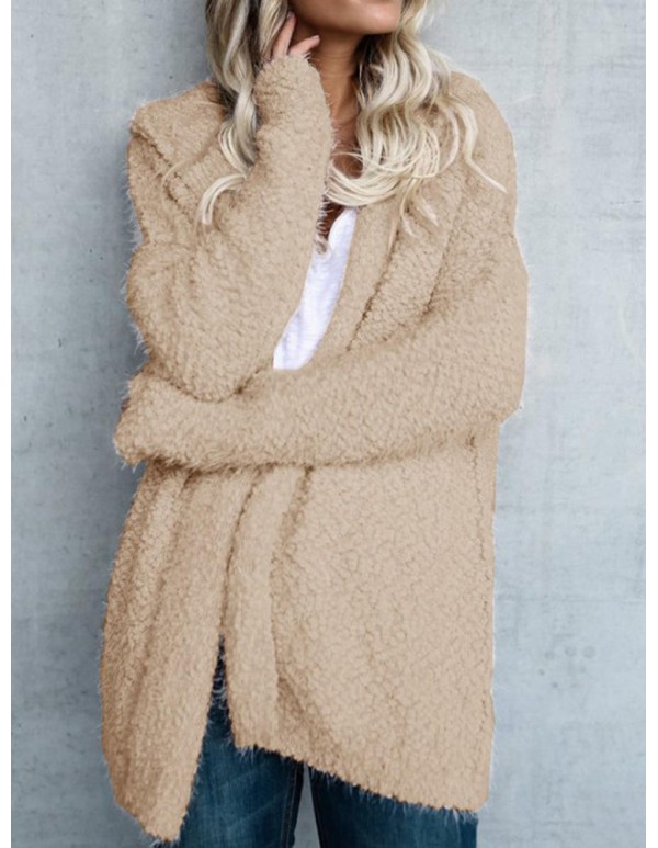 Women Fuzzy Solid Color Hooded Outwear Coats