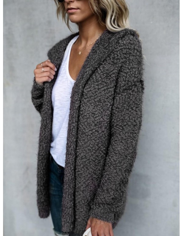 Women Fuzzy Solid Color Hooded Outwear Coats