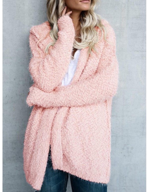 Women Fuzzy Solid Color Hooded Outwear Coats