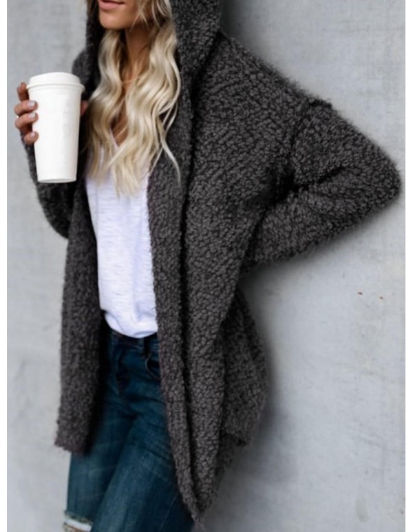 Women Fuzzy Solid Color Hooded Outwear Coats