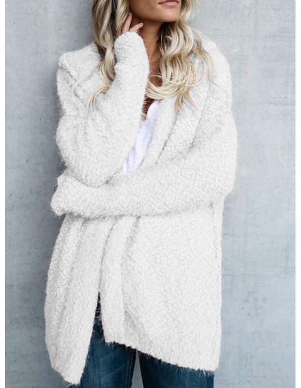 Women Fuzzy Solid Color Hooded Outwear Coats