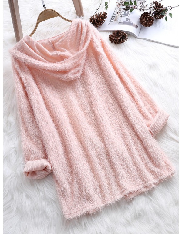 Women Fuzzy Solid Color Hooded Outwear Coats